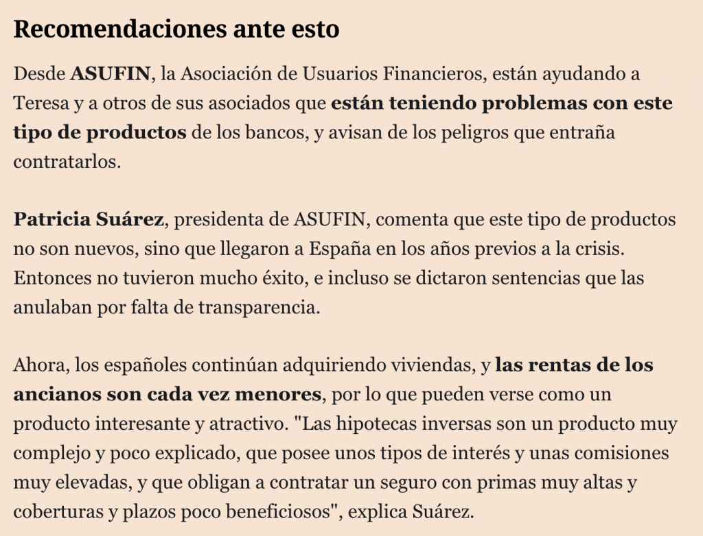 INVERSA: El caso de un socio de ASUFIN en El Español - 11.08.19 2 HIPOTECA INVERSA. EL ESPAÑOL. ASUFIN. PATRICIA SUÁREZ.. 11.08.2019.