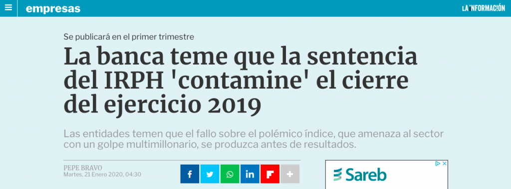 IRPH: la banca teme que la sentencia del IRPH 'contamine' el cierre de 2019 - LA INFORMACIÓN - 21.01.20 1 cabecera La Información 21.01.20