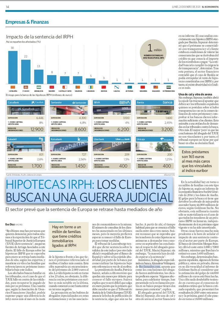 Hipotecas IRPH: los clientes buscan una guerra judicial - El Economista - 20.01.2020