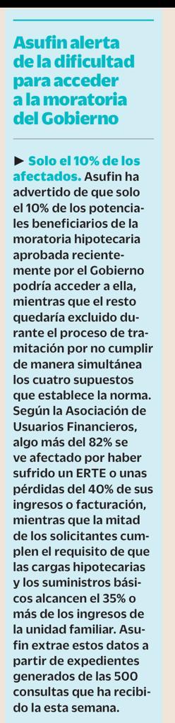 07.04.2020 - CINCO DÍAS - ASUFIN ALERTA DE LA DIFICULTAD PARA ACCEDER A LA MORATORIA DEL GOBIERNO