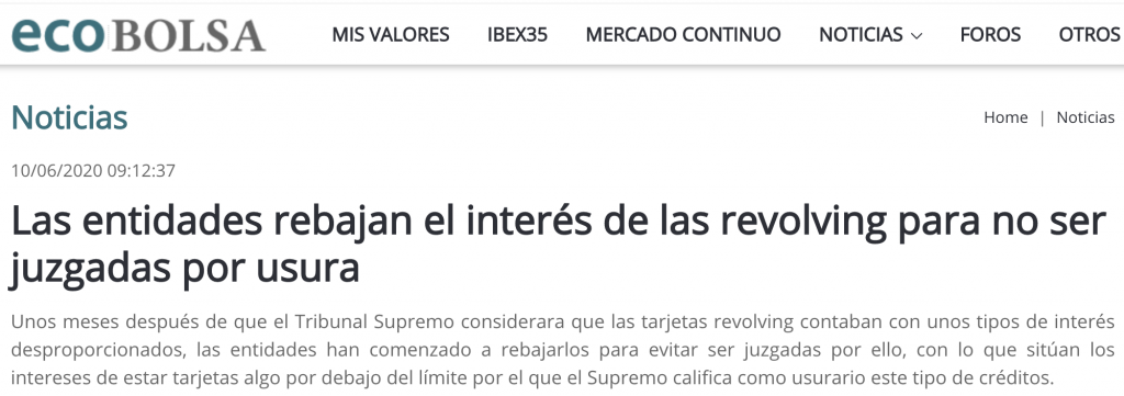ASUFIN en los medios: Las entidades rebajan el interés de las revolving para no ser juzgadas por usura 2 Ecobolsa: Las entidades rebajan el interés de las revolving para no ser juzgadas por usura