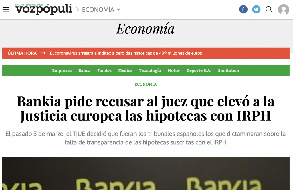 Voz Pópuli: Bankia pide recusar al juez que elevó a la Justicia europea las hipotecas con IRPH