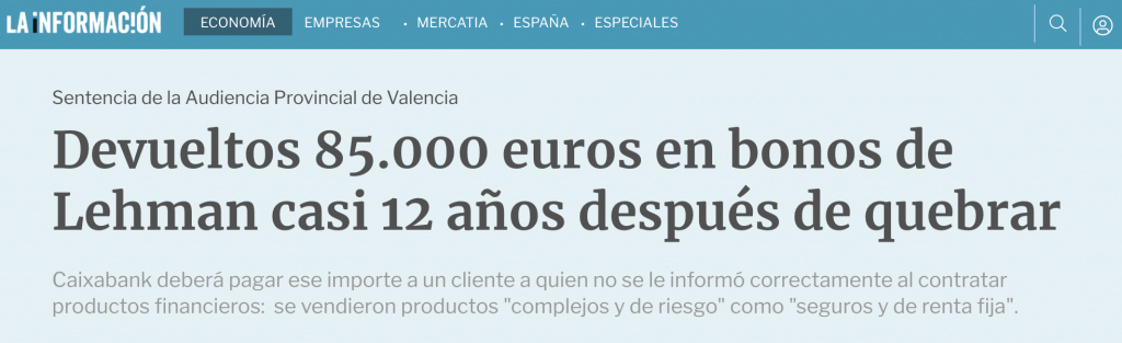 La Información: Un socio de ASUFIN recupera 85.000 euros en bonos de Lehman Brothers