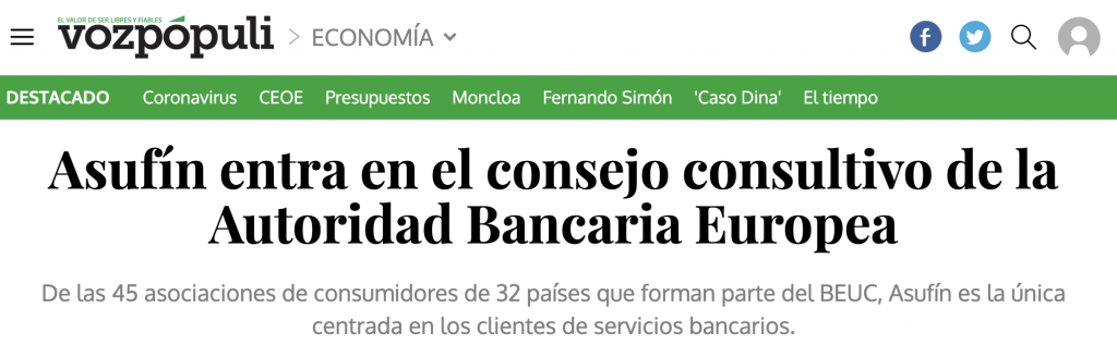 VOZ PÓPULI: Asufín entra en el consejo consultivo de la Autoridad Bancaria Europea