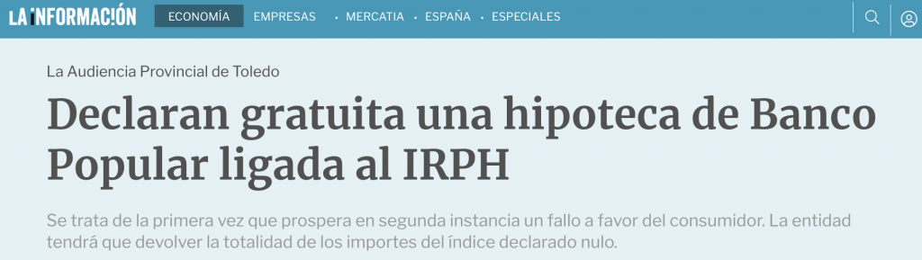 La Información: Declaran gratuita una hipoteca de Banco Popular ligada al IRPH